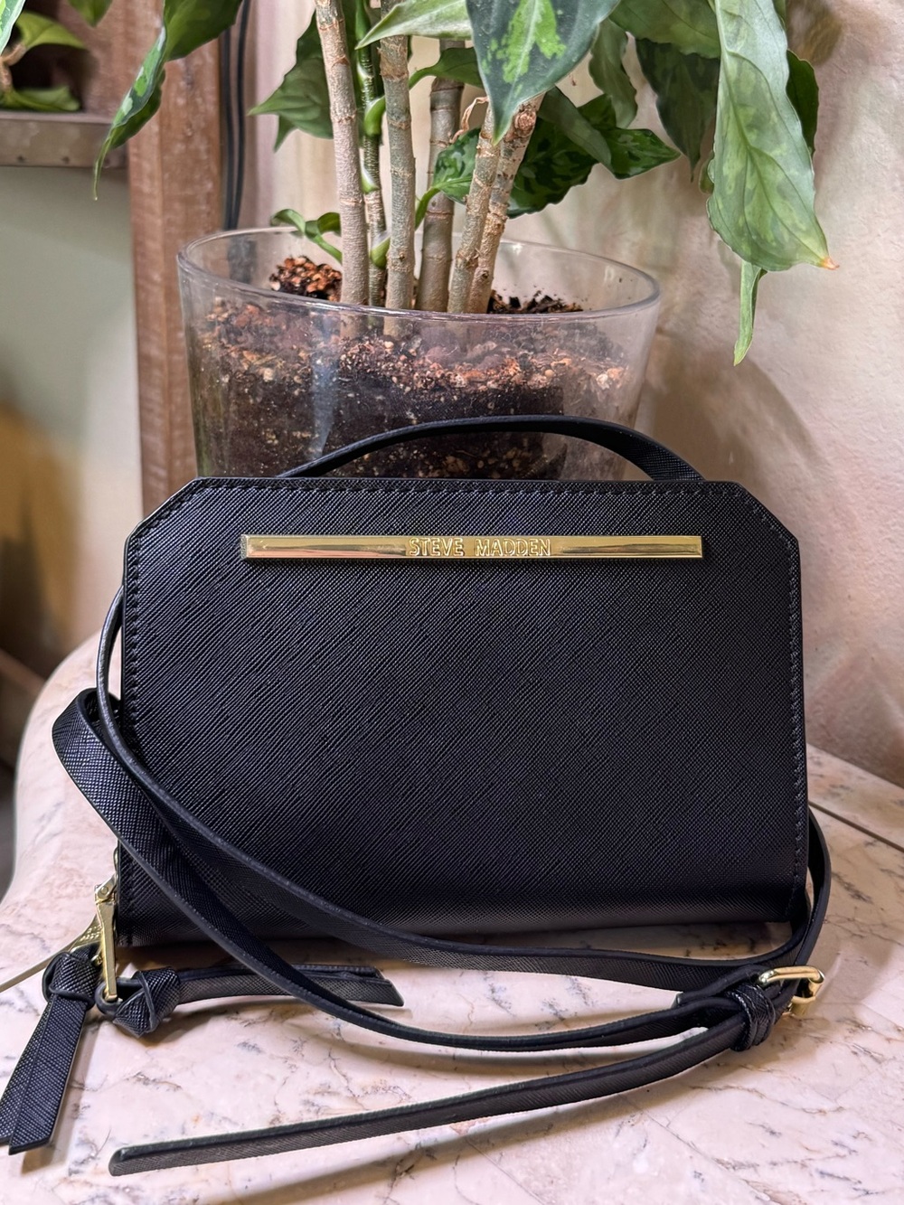 Steve Madden Black Crossbody with Gold Bar Accent